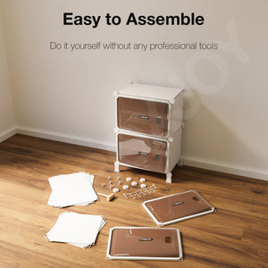 BOXJOY Hard Plastic 8 Shelf Vertical White Shoe Rack with Brown Door