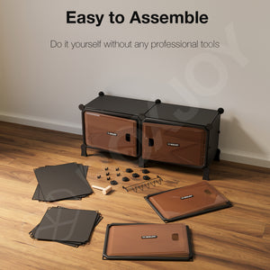 BOXJOY Hard Plastic 8 Shelf Black Shoe Rack with Brown Door