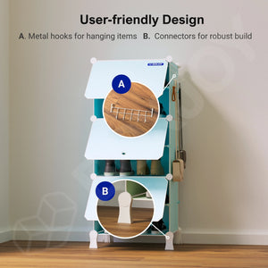 User-friendly design of the light blue and white wardrobe with 6 shelfs, highlighting side metal hooks and robust bottom connectors.