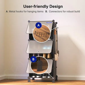 User-friendly design of the black shoe wardrobe with 6 shelfs, highlighting side metal hooks and sturdy round connectors.
