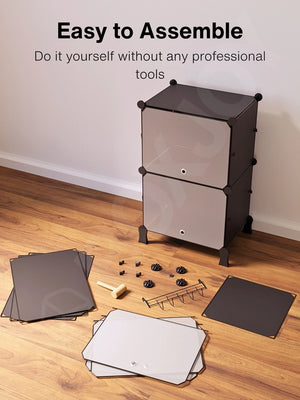 Easy to assemble black modular wardrobe with 8 shelfs shown partially built next to a mallet.