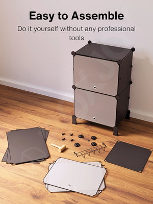 Easy to assemble black modular wardrobe with 10 shelfs shown partially built next to a mallet.