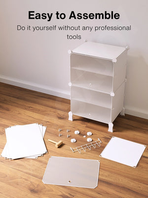 Easy to assemble white modular wardrobe with 8 shelfs shown partially built next to a mallet.