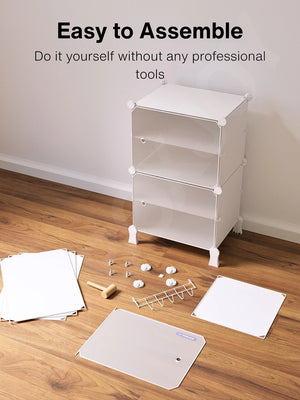 Easy to assemble white modular wardrobe with 10 shelfs shown partially built next to a mallet.
