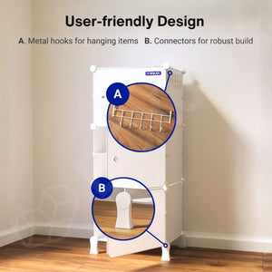 User-friendly design of the white wardrobe with 6 shelfs showing side hooks and connectors.