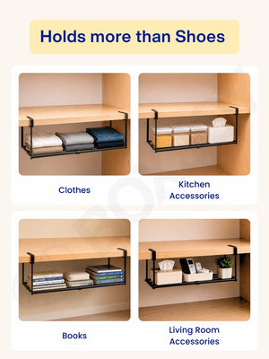 Hanging shelfs holding more than shoes, showing usage for clothes, kitchen accessories, books, and living room items.