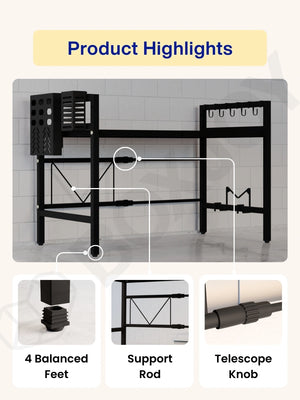 Product highlights of the microwave shelfs showing the 4 balanced feet, a support rod, and a telescope knob.