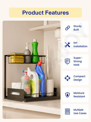 Organizer shelfs alongside feature icons for sturdy built, DIY installation, and moisture resistance