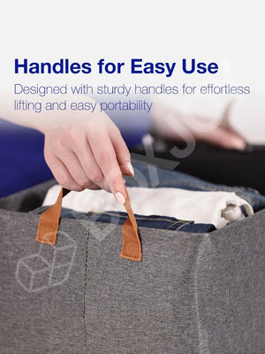 Person lifting the grey storage box using its sturdy brown handles for effortless portability