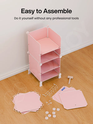 Easy to assemble BOXJOY Plastic 6 Shelf Pink Kids Wardrobe shown partially built without tools.