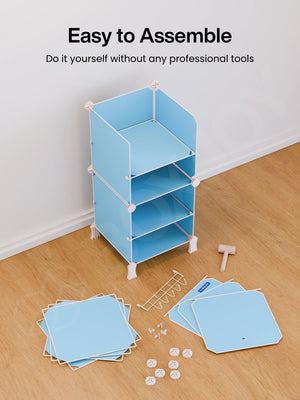 Easy to assemble BOXJOY Plastic 6 Shelf Blue Kids Wardrobe shown partially built without tools.