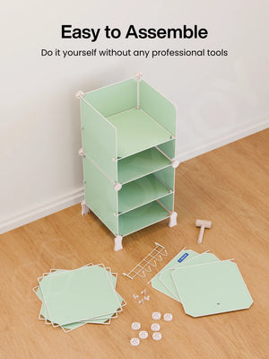 Easy to assemble BOXJOY Plastic 6 Shelf Green Kids Wardrobe shown partially built without tools.