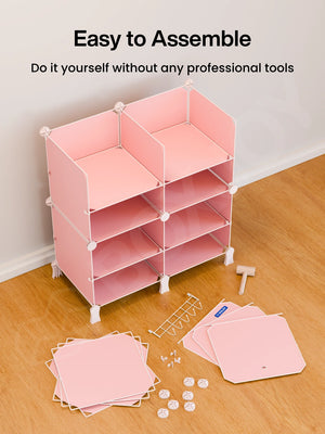 Easy to assemble BOXJOY Plastic 12 Shelf Pink Kids Wardrobe shown partially built without tools.