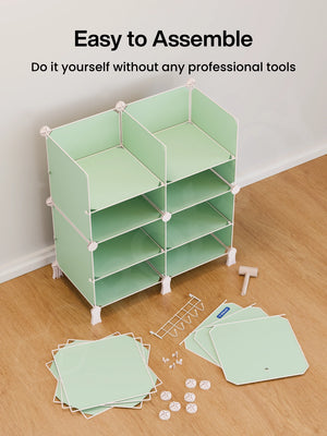 Easy to assemble BOXJOY Plastic 12 Shelf Green Kids Wardrobe shown partially built without tools.