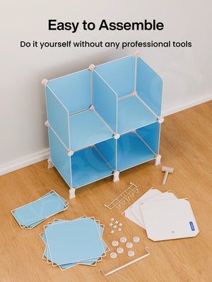 Easy to assemble 7 shelfs shown partially constructed without professional tools alongside unboxed panels.