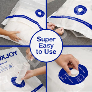 Easy to use BOXJOY vacuum bags showing steps to fill, seal, and compress using the included hand pump.