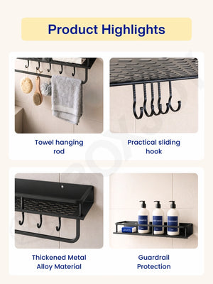 Bathroom shelfs holding toiletries alongside feature icons for sturdy built, DIY installation, and moisture resistance.