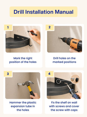 Four-step drill installation manual detailing how to securely mount the corner shelfs on a wall using screws.