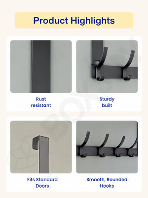Product highlights of the over-the-door hanger showing its rust-resistant finish, sturdy build, and smooth hooks.