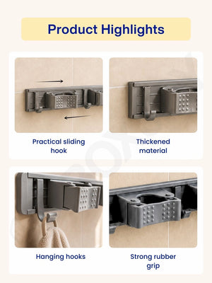 Product highlights featuring a practical sliding hook, thickened material, hanging hooks, and strong rubber grip.