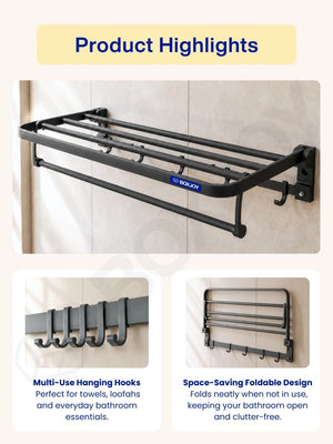 Product highlights of the bathroom shelfs featuring multi-use hanging hooks and a foldable design.