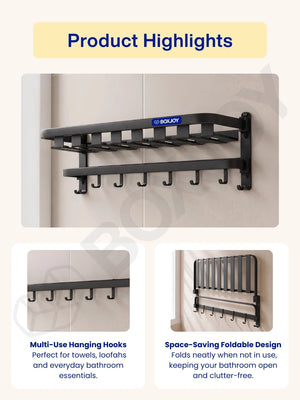 Product highlights of the bathroom shelfs featuring multi-use hanging hooks and a foldable design.