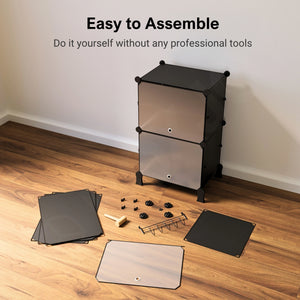 Easy to assemble black BOXJOY modular wardrobe with 6 shelfs, shown partially built alongside unboxed panels and a mallet.