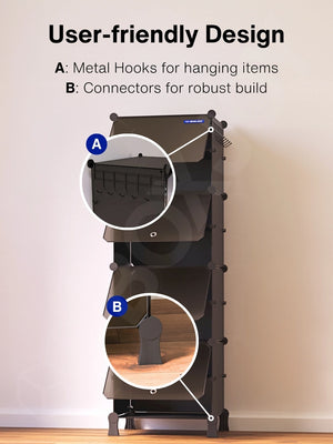 User-friendly design of the black wardrobe with 8 shelfs and smoky transparent doors, highlighting side metal hooks and robust connectors.