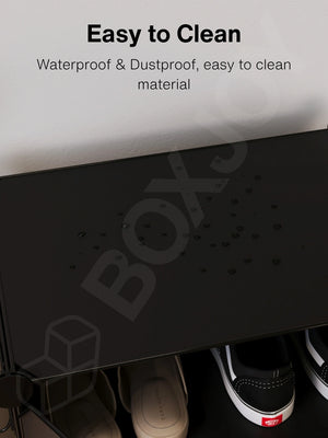 Water droplets on the waterproof and easy to clean material of the black BOXJOY shelfs.