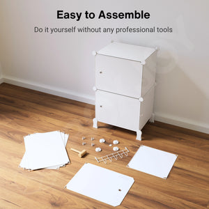 Easy to assemble white modular wardrobe with 6 shelfs shown partially built without tools.