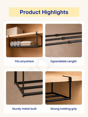Product highlights of the black hanging shelfs showing expandable length, sturdy metal build, and strong grip.