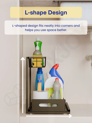 L-shape design of the organizer shelfs fitting neatly into cabinet corners and around plumbing pipes.