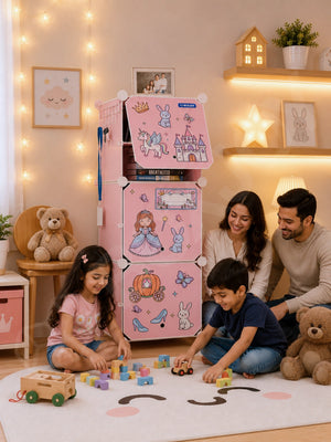 Smiling family watching children play next to the BOXJOY Plastic 6 Shelf Pink Kids Wardrobe.