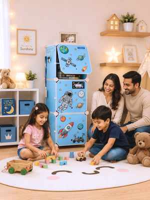 Smiling family watching a boy point at astronaut stickers on his BOXJOY Plastic 6 Shelf Blue Kids Wardrobe.