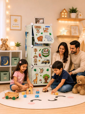 Smiling family watching a boy point at jungle stickers on his BOXJOY Plastic 6 Shelf Green Kids Wardrobe.