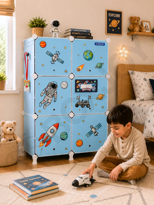 High-quality DIY space sticker sheet included with the BOXJOY Plastic 12 Shelf Blue Kids Wardrobe.