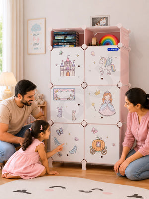 Smiling family watching a girl point at princess stickers decorating her pink wardrobe with 7 shelfs.