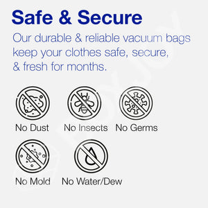 Safe and secure features of BOXJOY vacuum bags protecting clothes from dust, insects, germs, mold, and water.