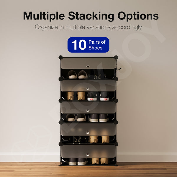 BOXJOY Plastic 5 Shelf Black Translucent Shoe Rack
