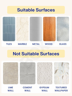Guide for the corner shelfs showing suitable surfaces like tiles and glass, and unsuitable ones like cement walls.