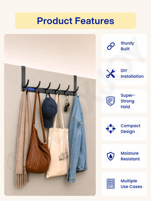 Hook hanger holding items alongside feature icons for sturdy build, DIY installation, and moisture resistance.