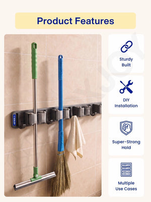 Organizer alongside feature icons for sturdy built, DIY installation, super-strong hold, and multiple use cases.