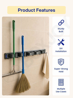 Organizer alongside feature icons for sturdy built, DIY installation, super-strong hold, and multiple use cases.
