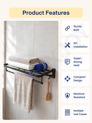 Bathroom shelfs alongside feature icons for sturdy built, DIY installation, and moisture resistance.