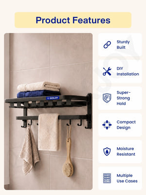 Bathroom shelfs alongside feature icons for sturdy built, DIY installation, and moisture resistance.