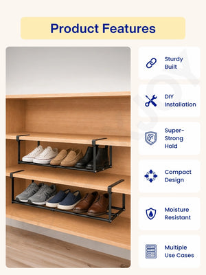 Two hanging shelfs holding shoes alongside feature icons for sturdy built, DIY installation, and compact design.