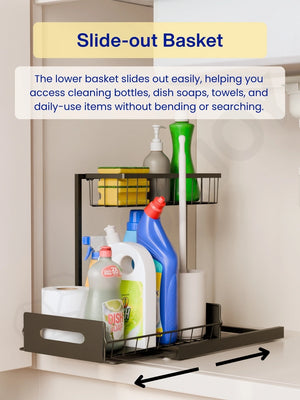 Lower slide-out basket of the under-sink shelfs extended for easy access to stored cleaning bottles.
