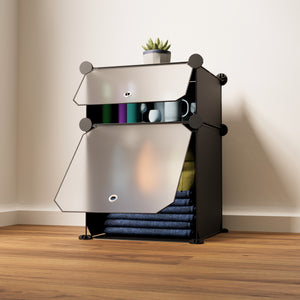 BOXJOY Plastic 2 Shelf Black Storage Rack with Translucent Doors