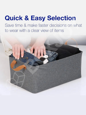 Quick and easy selection showing a person picking folded clothes from the grey storage box.