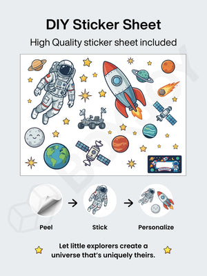DIY space explorer sticker sheet to peel, stick, and personalize the doors of the 12 shelfs.